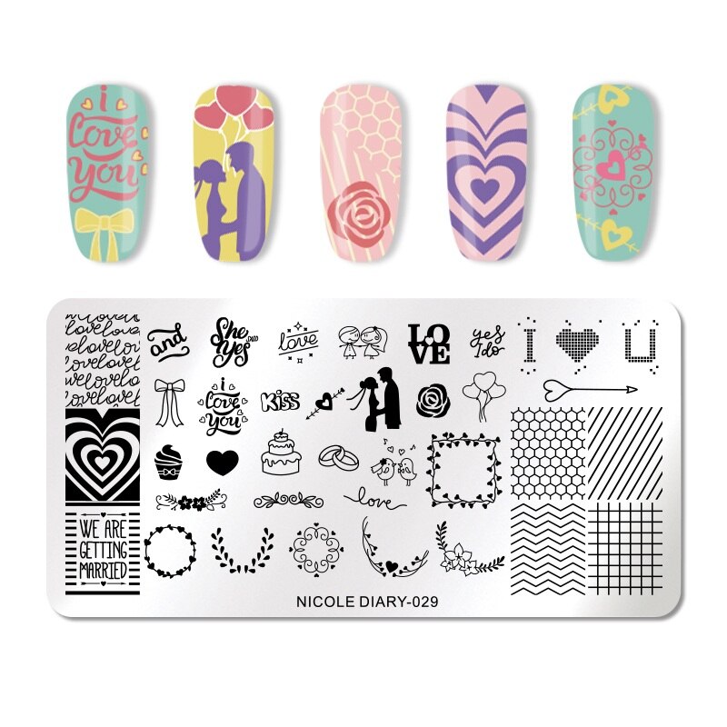 Nicole Dagboek Valentijnsdag Nail Stempelen Plaat Rechthoek Ronde Nail Art Stamp Image Template Diy Nail Plate Print Stencil