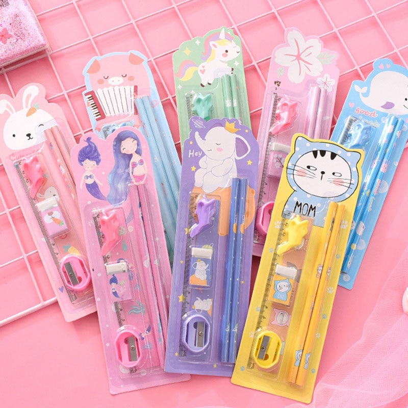 Conjunto de lápices lindos Kawaii con goma de borrar soporte de pluma con sacapuntas para la escuela de los niños 6 piezas de papelería Set de