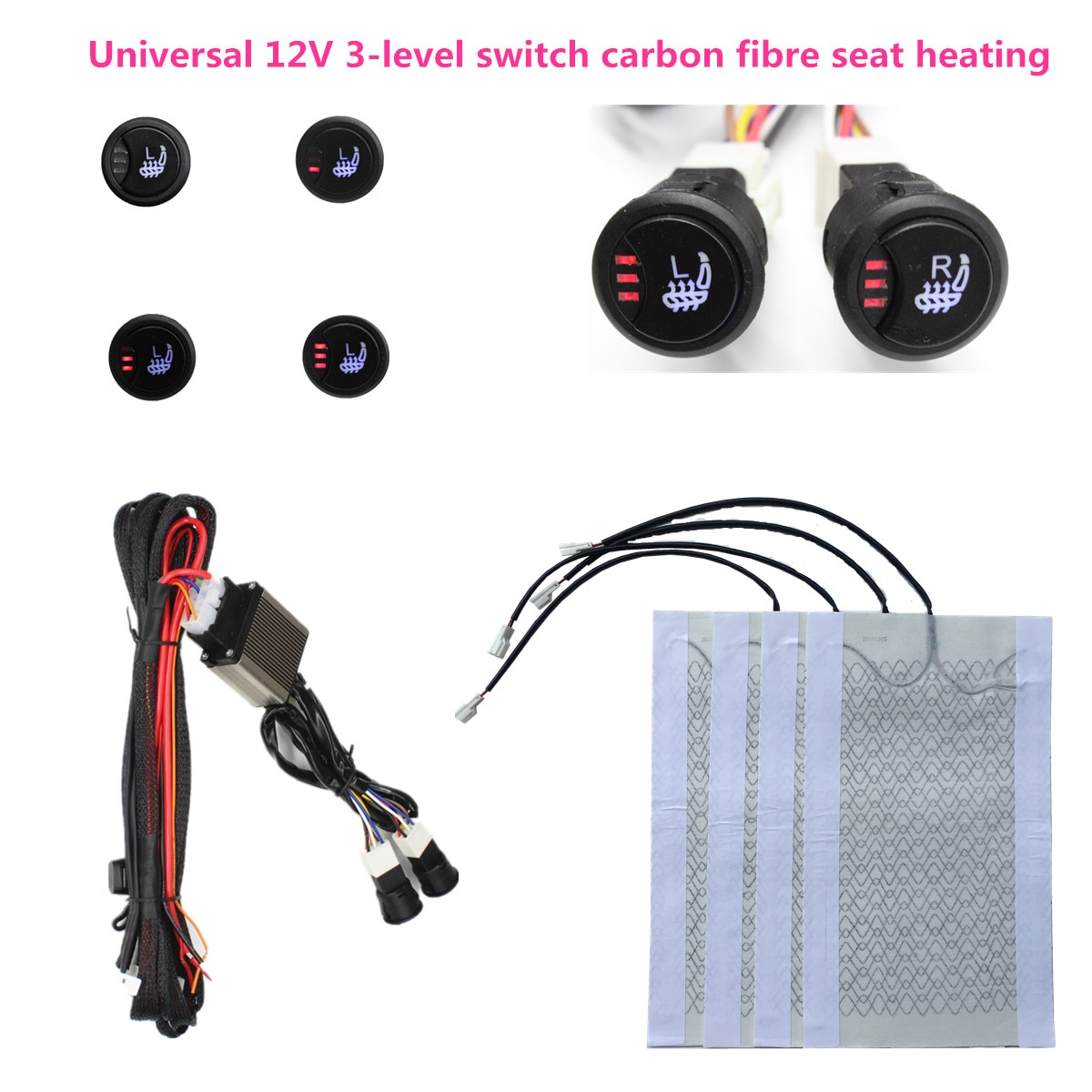 Universele 2 Zetels 4Pcs 12V Auto Carbon Fiber 3 Niveau Verwarmde Stoelverwarming Pad Switch Kit Ronde Schakelaar winter Warmer Stoelhoezen
