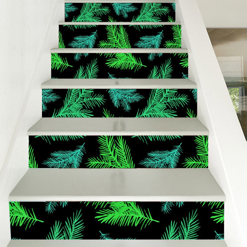 6 Pieces Stair Stickers Stylish Leaf Print Vinyl Self-Adhesive PVC Staircase Decals for Home Decoration