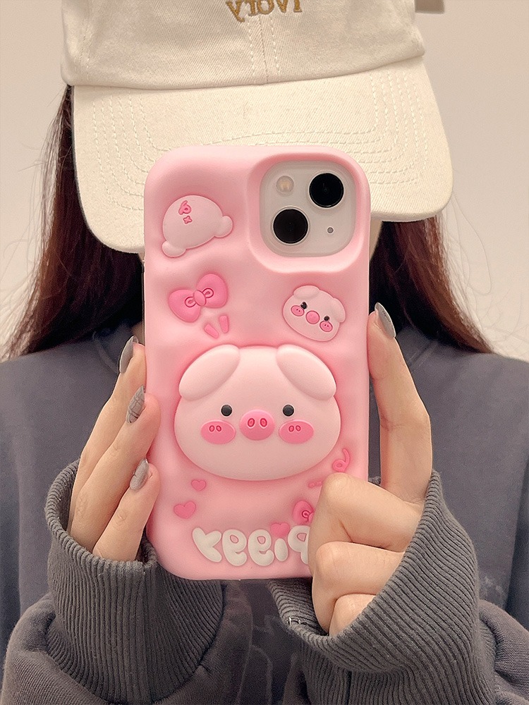 Leuke Grappige Varken Piggy Telescopische Beugel Case Voor iPhone 15 Pro Max 14 13 11 12 3D Roze Siliconen standhouder Achterkant