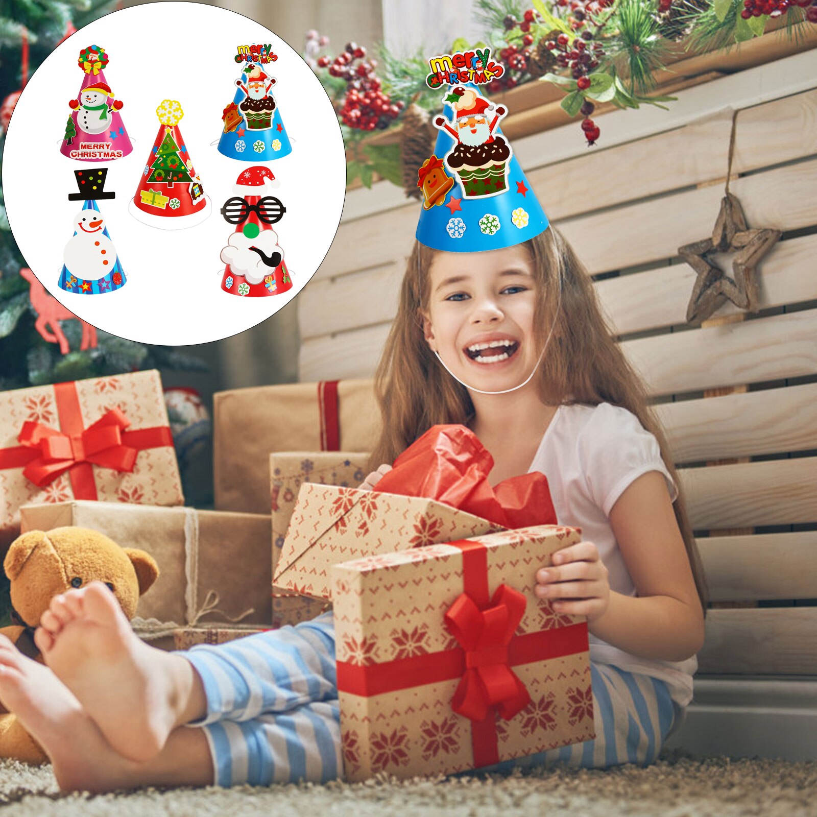 5pcs Christmas Theme DIY Craft Materials Novel Paper Hat Decor Hats Making Kits DIY Hat Kits for Kids Xmas Handicrafts