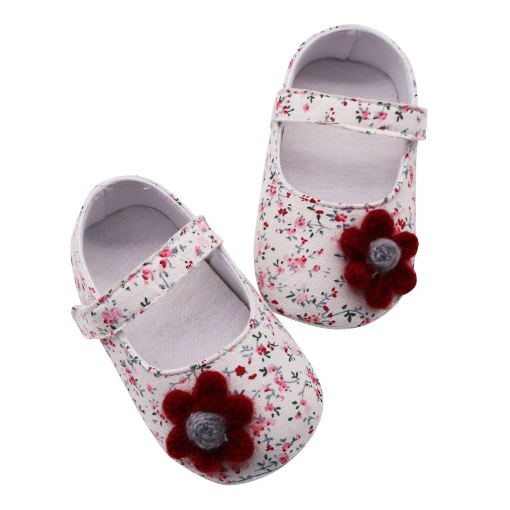 Nyfødte baby pige sko blomster udskrivning applikation prewalker blød sål enkelt sko første vandrere småbørn piger anti slip sko: Vin / 12