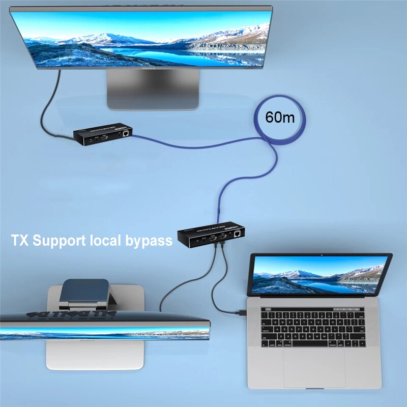 60m HDMI KVM Extender 1080p Over Cat5e/6 Ethernet Cable 1080P Video Converter for PS5 Switch PC To TV Monitor USB Keyboard Mouse