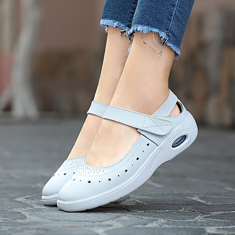 Zapatos planos de plataforma plana de cuero con punta redonda de zapatos Mary Jane para mujer, bailarinas de goma antideslizantes, zapatos planos blancos de verano para enfermera de carrera.: 38
