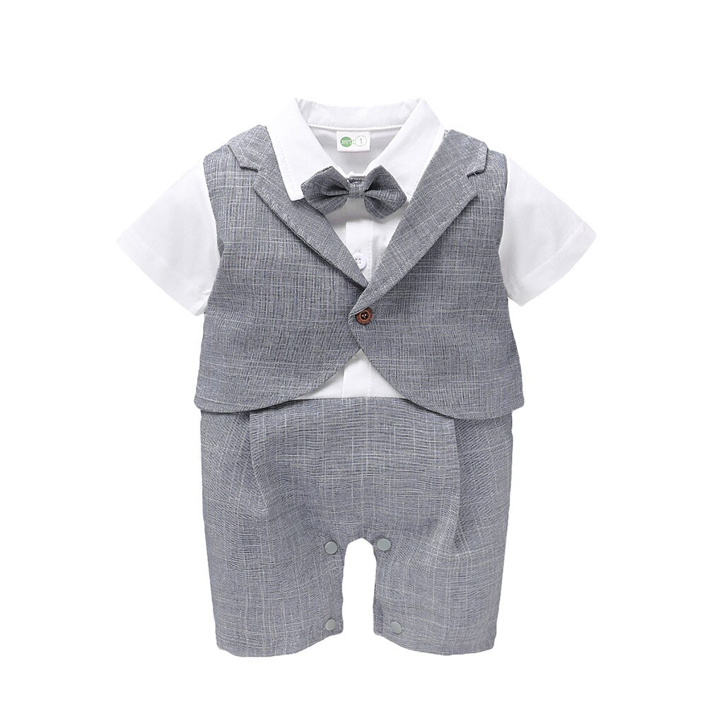 Neugeborenen Baby Jungen Kurzarm Gentleman Fliege Voll Body Overall Taste Kinder Niedliche Kleine Anzug Kleidung Baby Kleidung: Gray / 0-3 Months