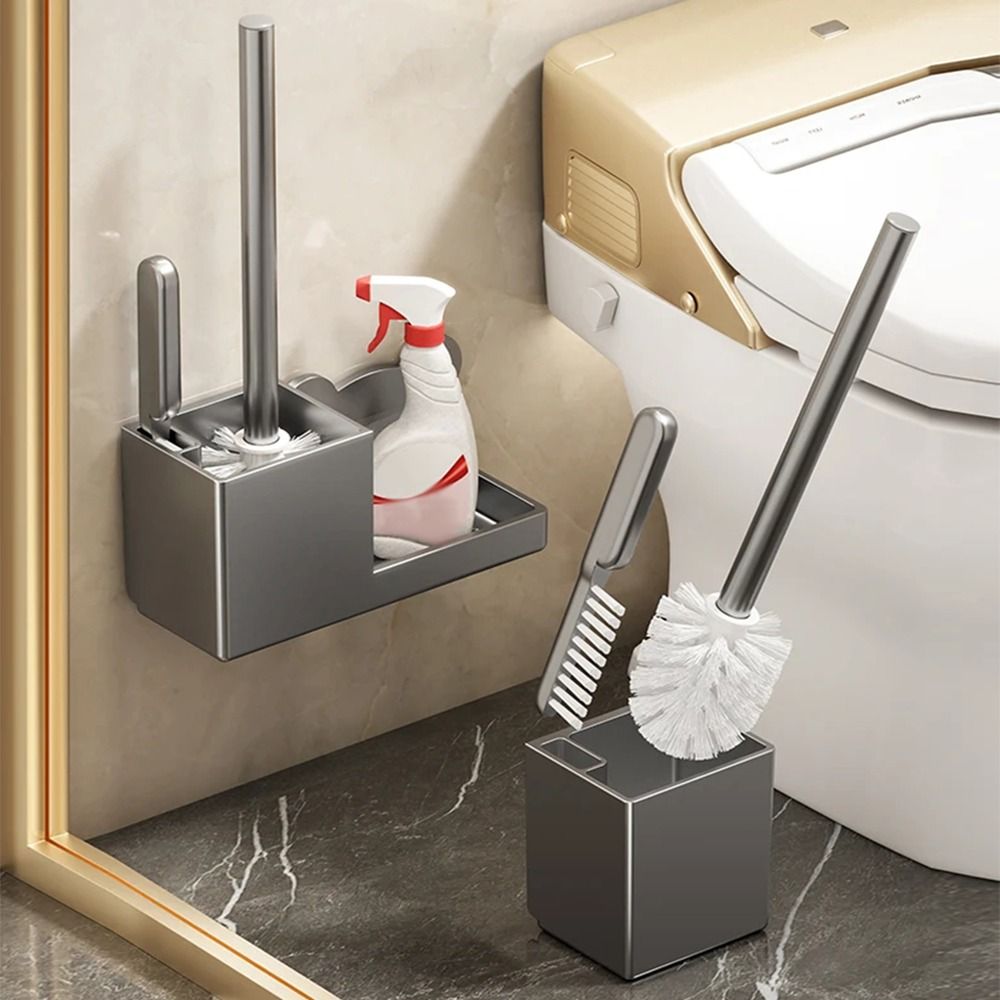 Nail-free Toilet Brush Holder Rack Durable No Punching Floor Toilet Cleaning Tool Nylon Bristles Long Handle