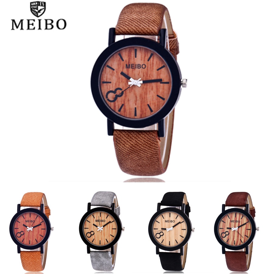 MEIBO Modeling Wooden Quartz Mens Watch Casual Wooden Color Leather Watch Wristwatch Clock