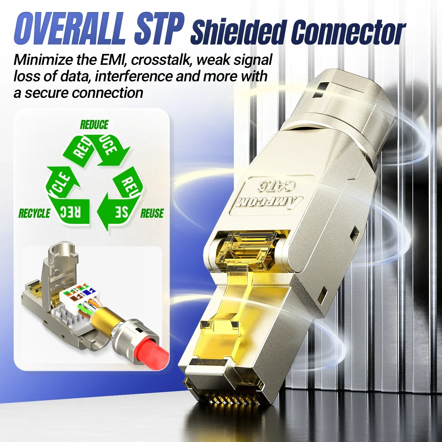 Conector AMPCOM RJ45 sin herramientas, enchufes de terminación reutilizables sin herramientas CAT8/7A/7/6A/6 enchufe Modular de campo Ethernet blindado