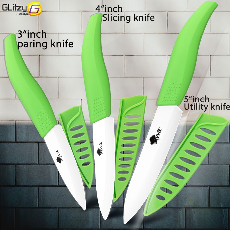 Ceramic Knife 3 4 5 inch Set Zirconia Black Blade Kitchen Chef Knives Three Piece Set Fruit Vegetable Color Anti-Slip Handle: 345 WHITE GREEN