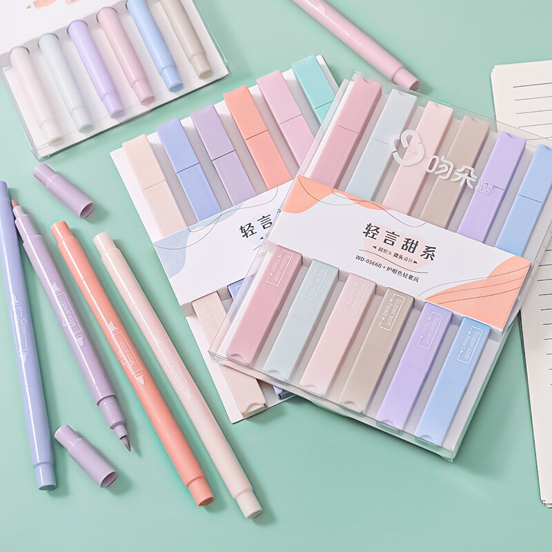 Stylos surligneurs à Double pointe Kawaii, carrés et ronds de couleur bonbon, marqueurs Manga Midliner Pastel, ensemble de protection des yeux 6 pièces