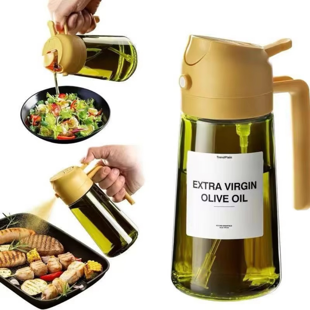 Pulverizador de aceite oscuro con bloqueo de luz de 16oz/470ML para cocinar, botella dispensadora de aceite de oliva 2 en 1 para cocina, botella de aceite de vidrio verde oscuro: Beige