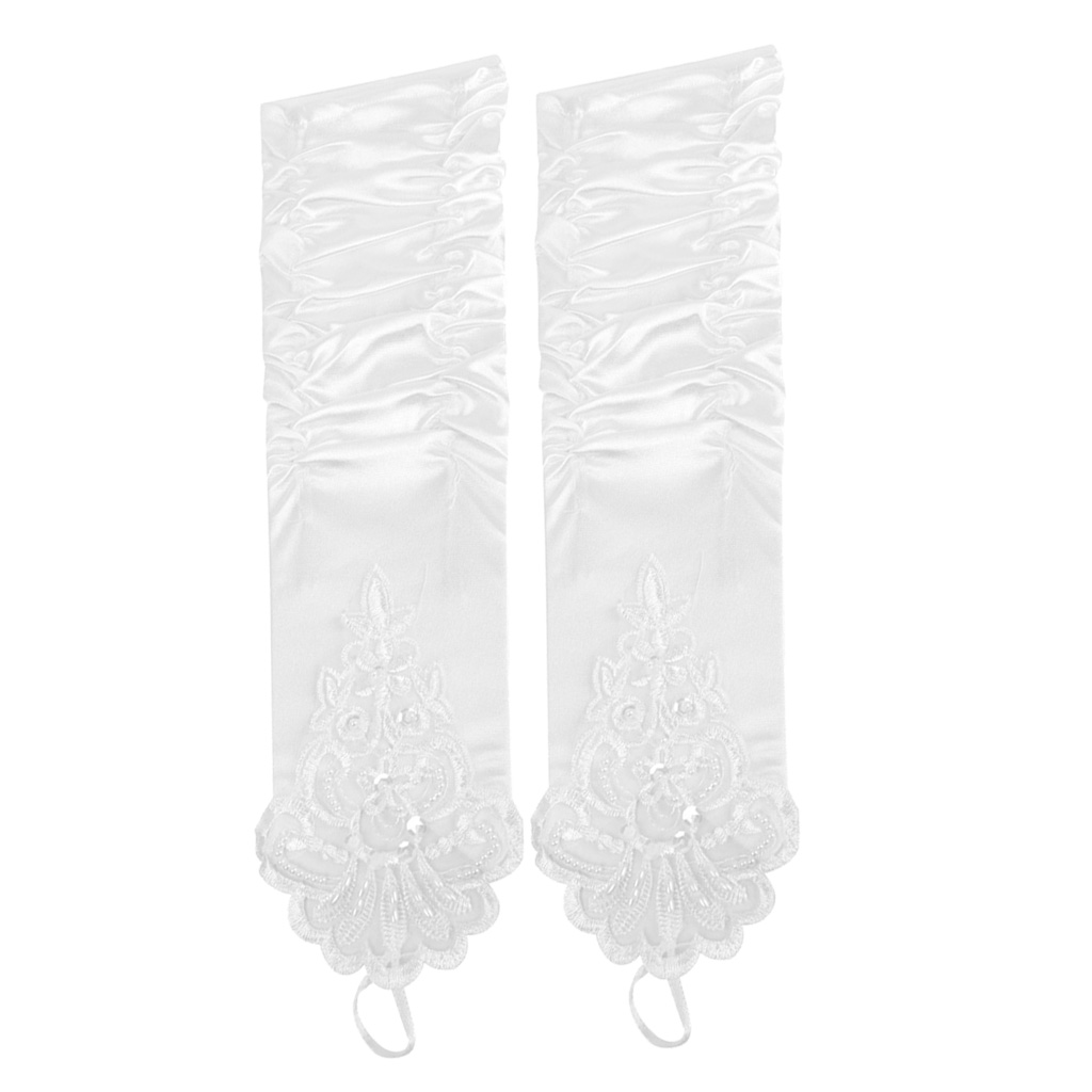 Paar Hochzeit Kleid Abend Abendkleid Satin- Lange Braut Finger Handschuhe Weiß