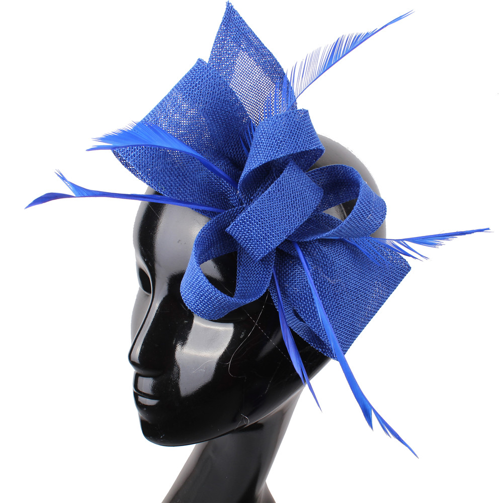 Nachahmung Sinamay Hochzeit Kopfbedeckung Braut Champagner Fascinator Hut Haarnadel mit ausgefallenen Federn Haarschmuck Damen Kopfschmuck: royal blue