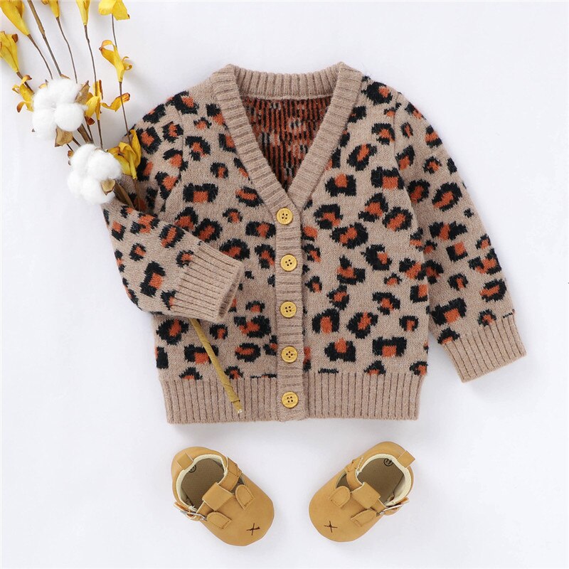 0-24M Baby Girls kids Autumn Winter Leopard Print Sweater Coat Long Sleeve V-neck Button-up Knitted Cardigan Kids Warm Tops