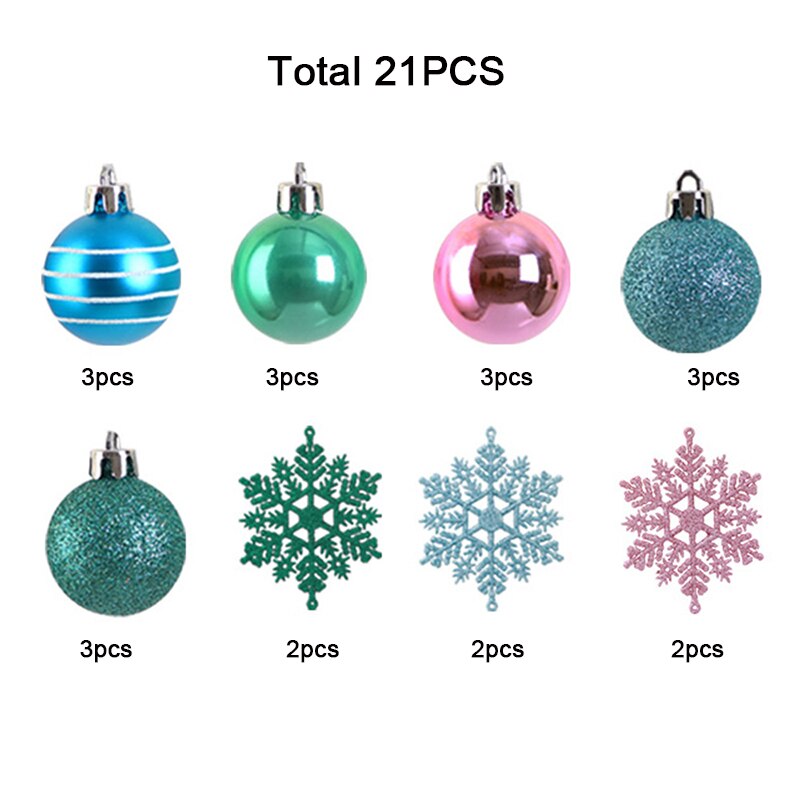 21 PCS/24 PCS Kleine Kerstballen Xmas Ballen Sneeuwvlok Kerstboom Ornament Opknoping Kerstballen Roze Blauw Bal Boom decoratie: 21pcs