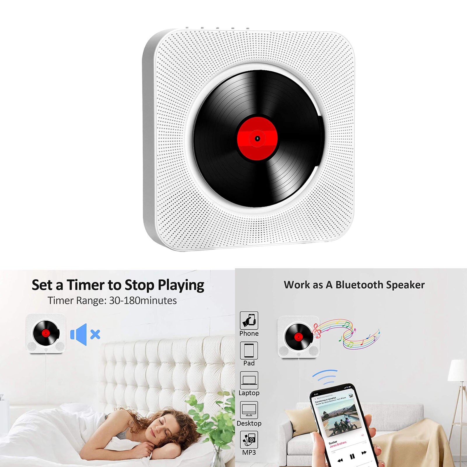 Lecteur CD Bluetooth à montage mural pour la maison, télécommande avec casque