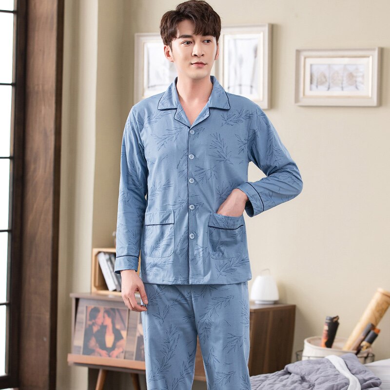 Pijamas estampados para hombre, ropa de dormir de algodón de manga larga, cárdigan de talla grande 4XL, traje para el hogar para jóvenes, primavera y otoño