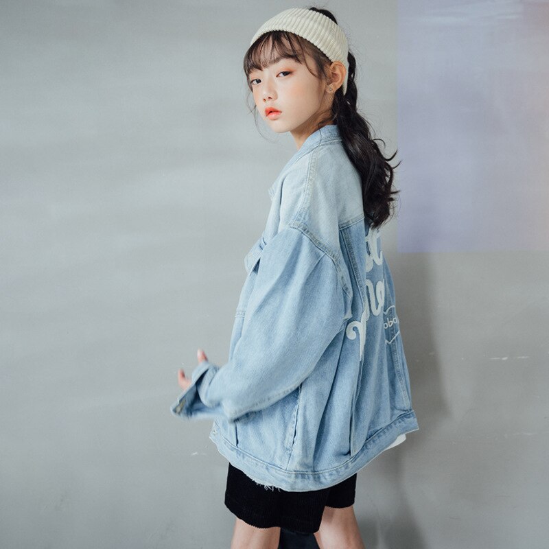 Giacche di jeans Oversize per ragazze adolescenti 10 12 anni cappotto da ricamo Casual con lettere di moda per ragazze