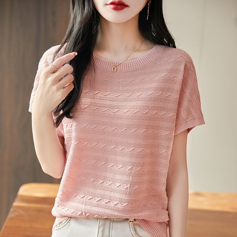 Summer women's T-shirt Lyocell knitted short sleeved casual striped Tees loose round neck Tops Blouse: XL / Pink