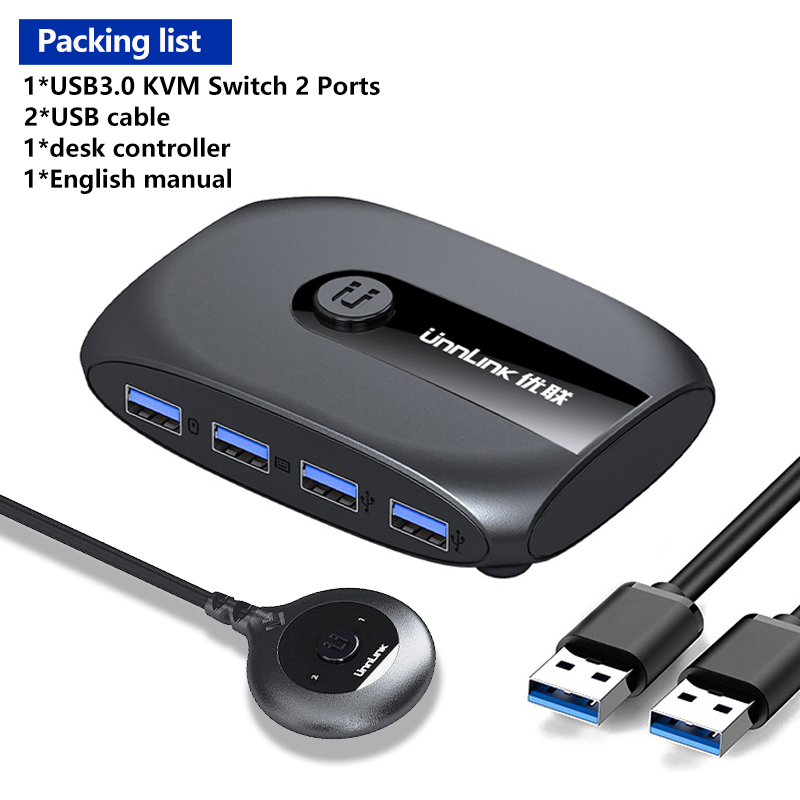 Unnlink KVM Switch USB 3.0 Switcher With Extender 4 PCs Computers Sharing 4 USB Devices for Keyboard Mouse Printer U Disk: USB3.0-2 Ports