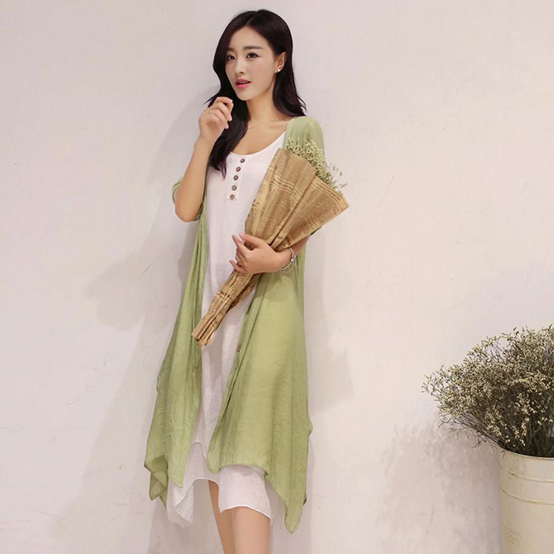 Yfashion Women Dresses Spring Summer Retro Linen Dress Summer Sleeveless Buttons Dress+Thin Coat Set Women Two Piece Set