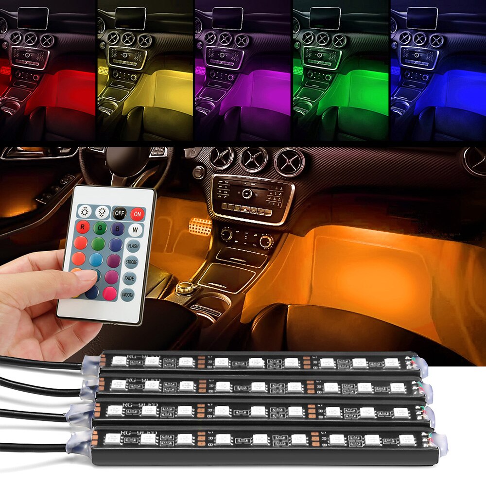 4 st bil rgb led strip ljus universal trådlös fjärrkontroll rgb neon led interiör bil ljus dekorativa bil atmosfär ljus