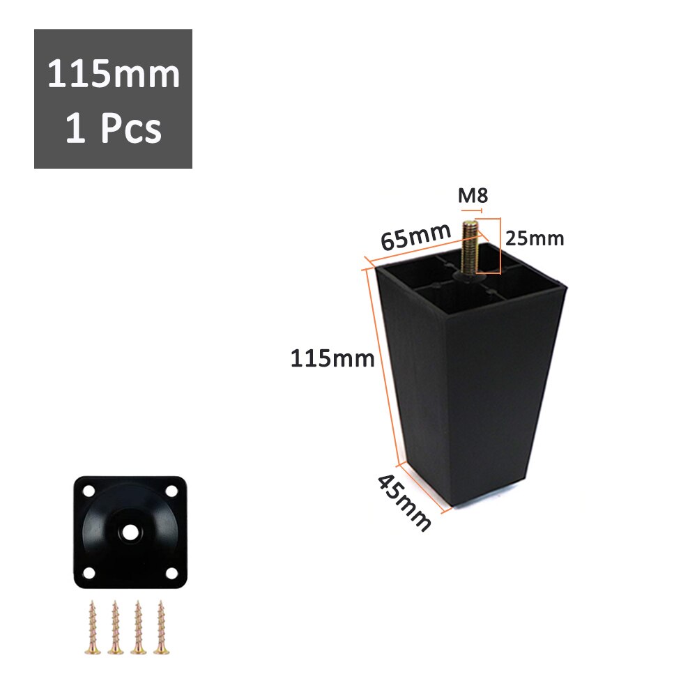 1/4 Pcs Multi-size Square Plastic Furniture Legs Replacement Sofa Legs With M8 Bolts For Couch Cabinet Bed tv stands: 1Pcs 115mm