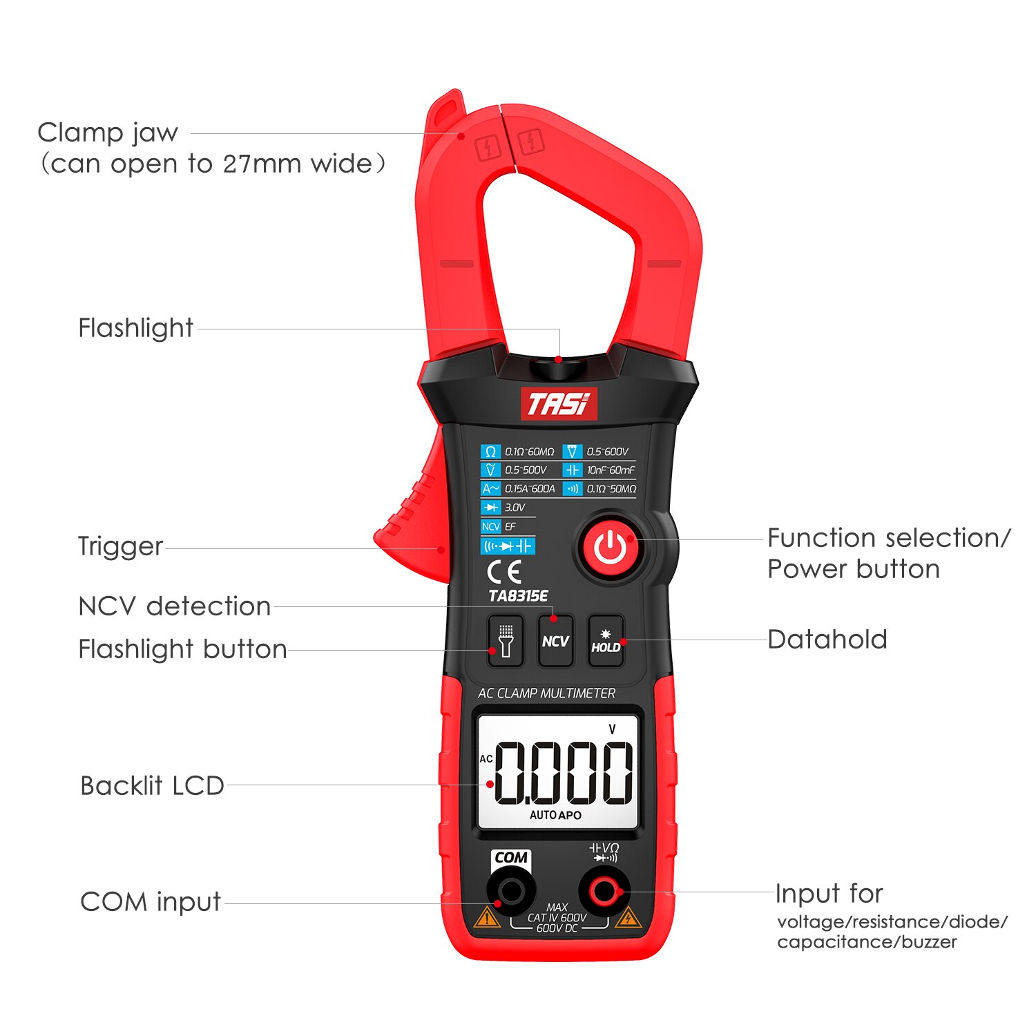 TASI TA8315A Digital Clamp Meter Multimeter Tester True RMS Multimeter Tester OHM NCV DC/AC Voltage Meter