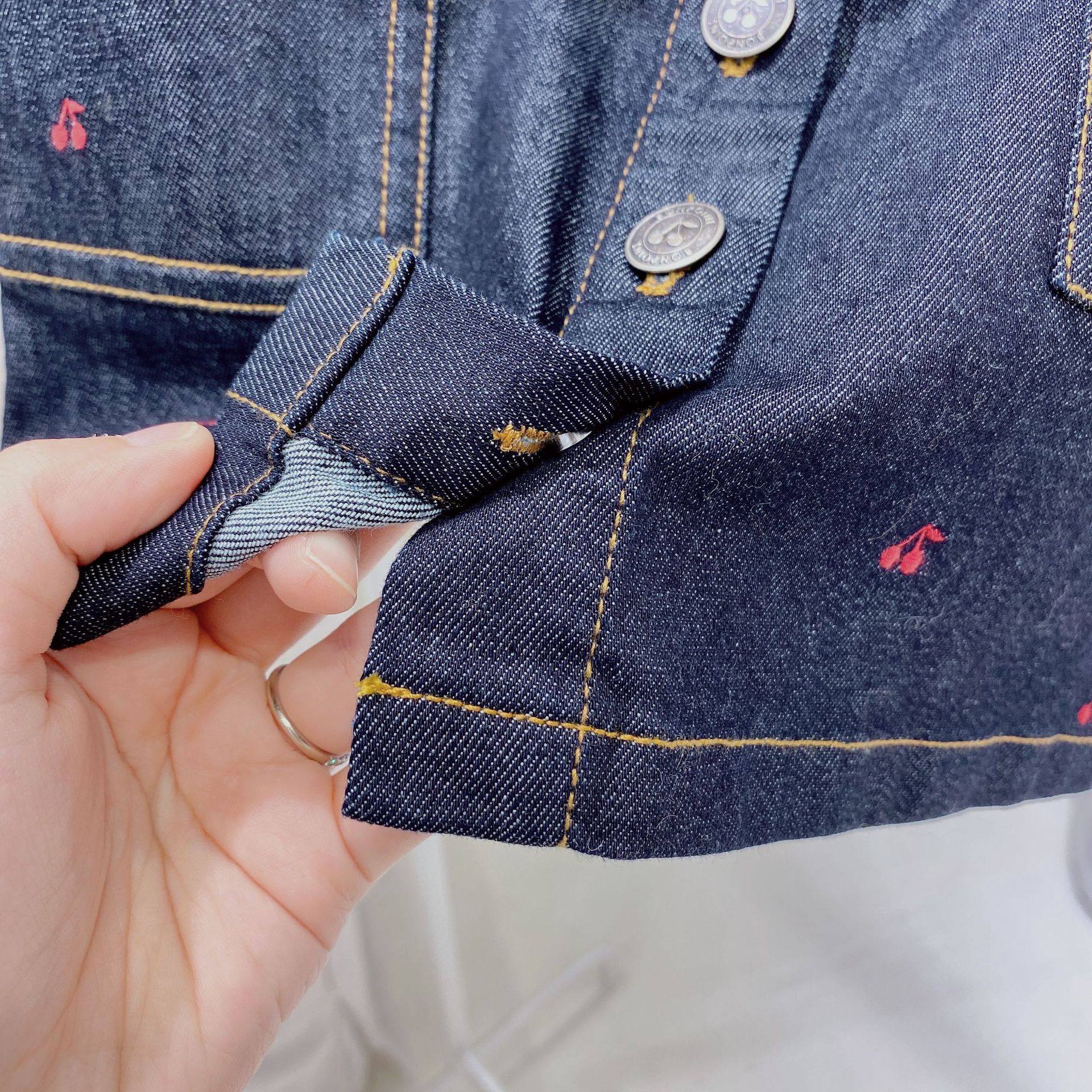 Efterår piger nederdel mørk marineblå farve broderet rød kirsebær mønster piger denim nederdel presell 12th oktober skib