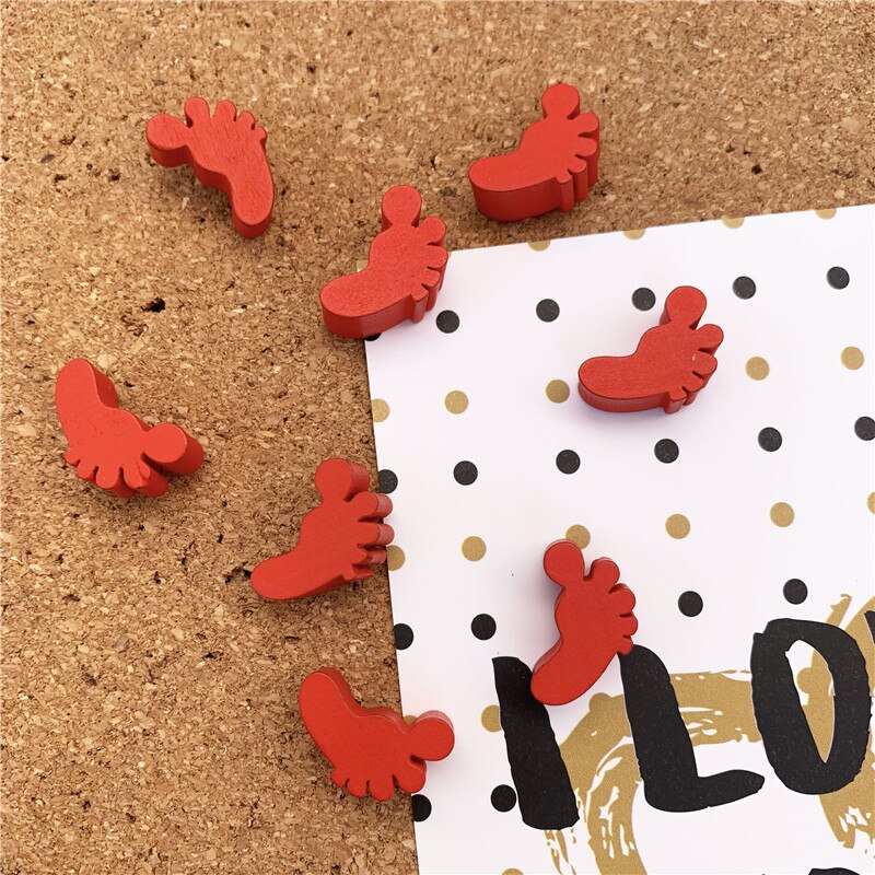 10pcs Wooden Push Pins Mark Tack Pin Map Labels Thumbtack Photo Wall Studs Scene Poster Pins Nails Red Foot Shaped Pushpin