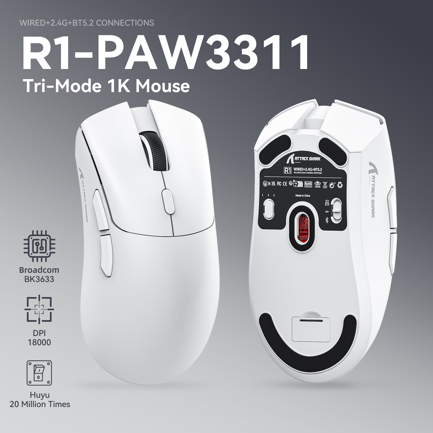 R1 Wireless Gaming-Maus, 18000dpi,1000Hz, Tri-Verbindung, paw3311, Makromaus