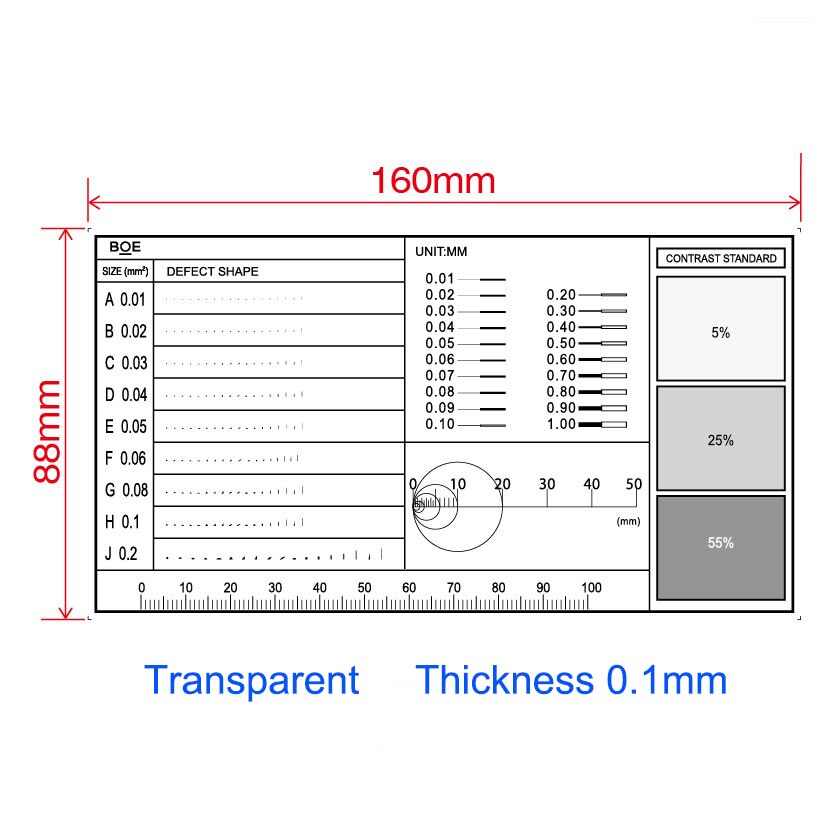 65x100mm Standard Point Gauge Film Ruler Line Width Diameter Area Comparison Card Micrometer for Defect Detection: 13