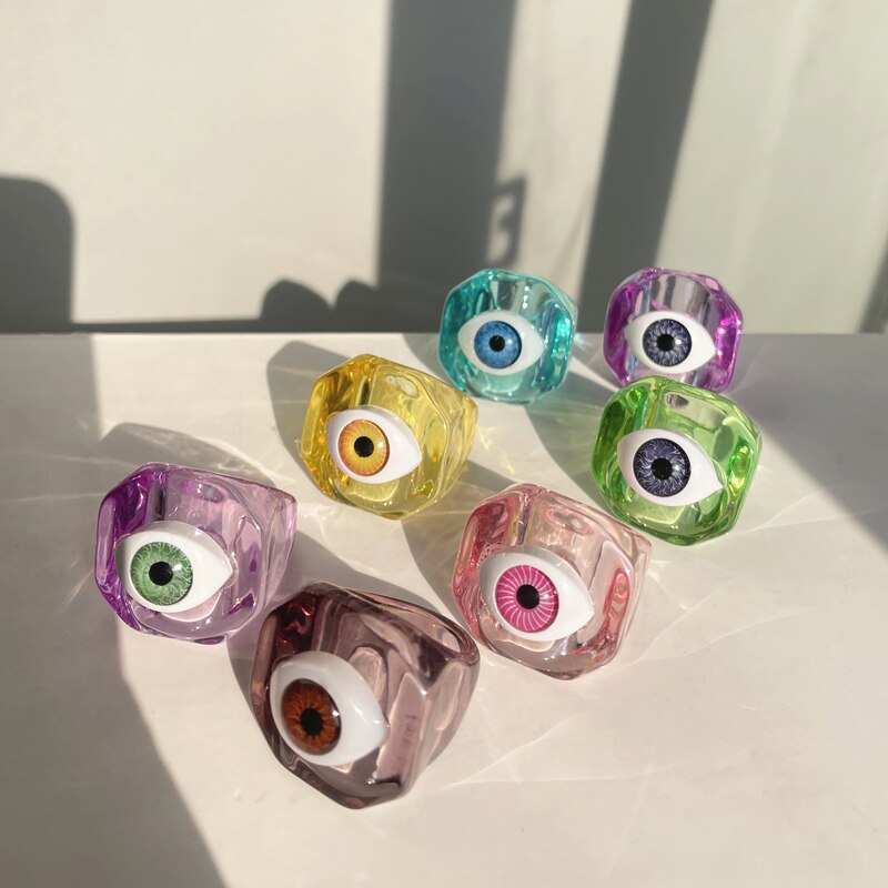 HUANZHI Neue Koreanische eins Bunte Transparente Augen Harz Geometrische Runde Ringe für Frauen Mädchen Sommer Party Schmuck