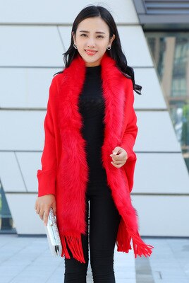 Forår damer faux fur krave cape sjal cardigan grå kvinder kvaststrik cardigan sweater poncho vinter varm frakke