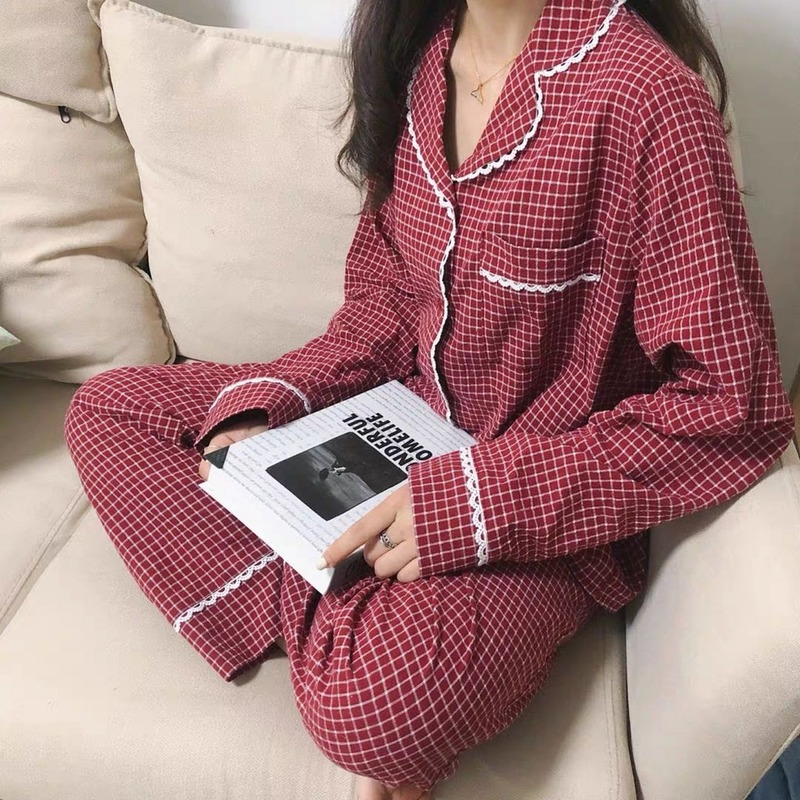 Qweek koreansk nattøj plaid pyjamas sæt kvinder vintage pyjamas femme blonder pyjamas langærmet nattøj efterår loungewear pj