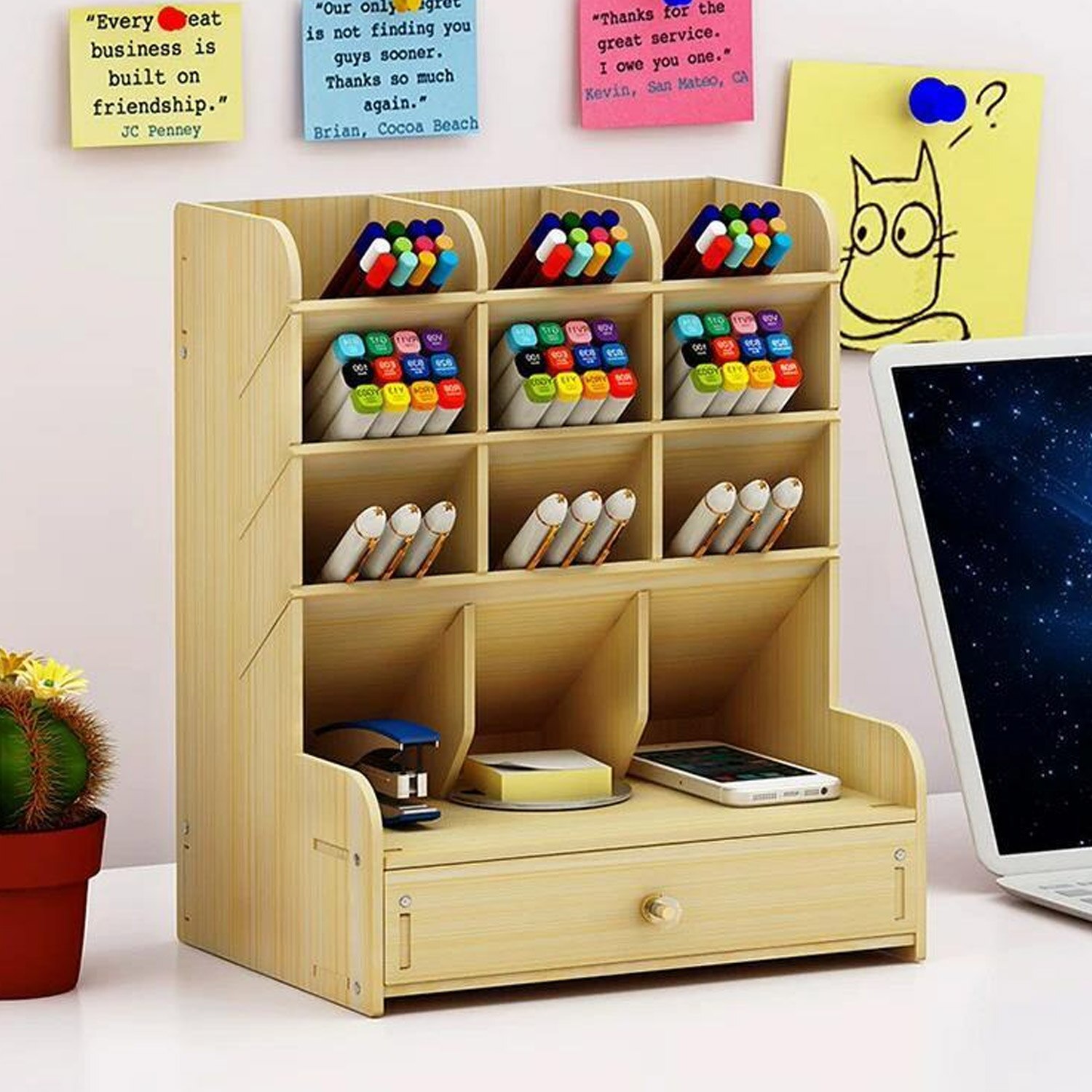 Træ skrivebord arrangør multifunktionel diy pen blyant farveblyant holder opbevaringsboks med skuffe til kontorskoler til hjemmet: Hvid