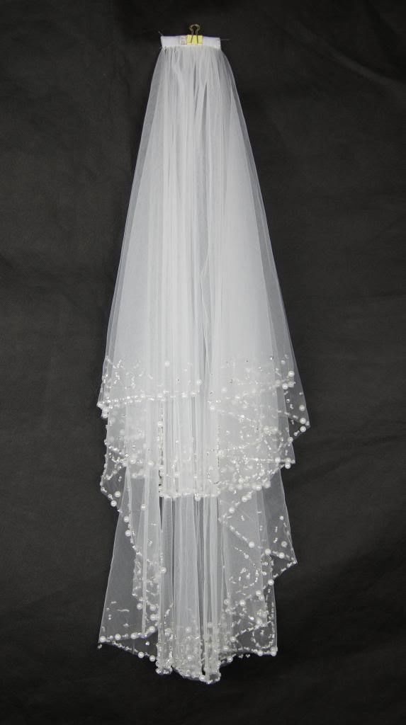 Handmade White Elbow Length Wedding Veil – Silver Beaded Edge, Bridal