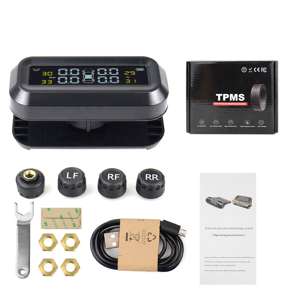 4 external tyres car tire pressure monitoring systems external sensors auto wheel pressure gauge tester security alarm bar psi: Black