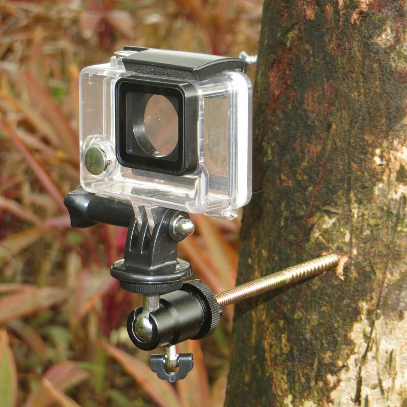 Ruuvattava puinen puukiinnitysteline, jossa 1/4-20 kameran kuulapää + kolmijalan kiinnitys gopro hero pov -toimintakameroihin, metsästyspolkukamera