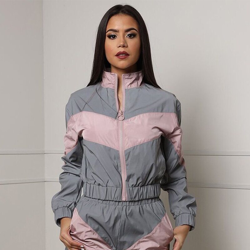 Autumn High Streetwear Reflective Clothing Casual Ladies Trendy Luminous Turndown Collar Jacket And Long Pants: Pink jacket / M