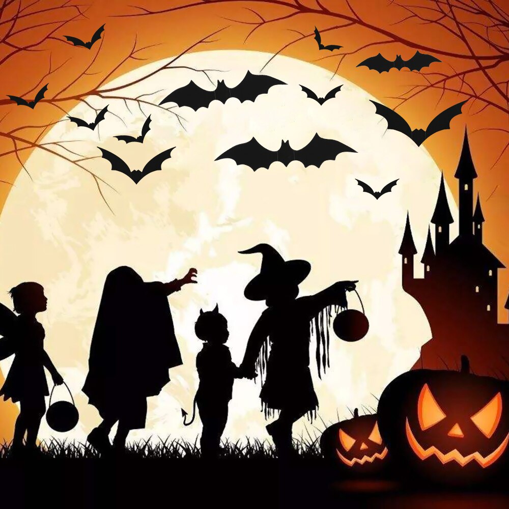 12PCS 3D Decals Halloween Bat Sticker Wall Art PVC Sticker For Party Supplies Home Ornament Scary Decor Festival Decoration
