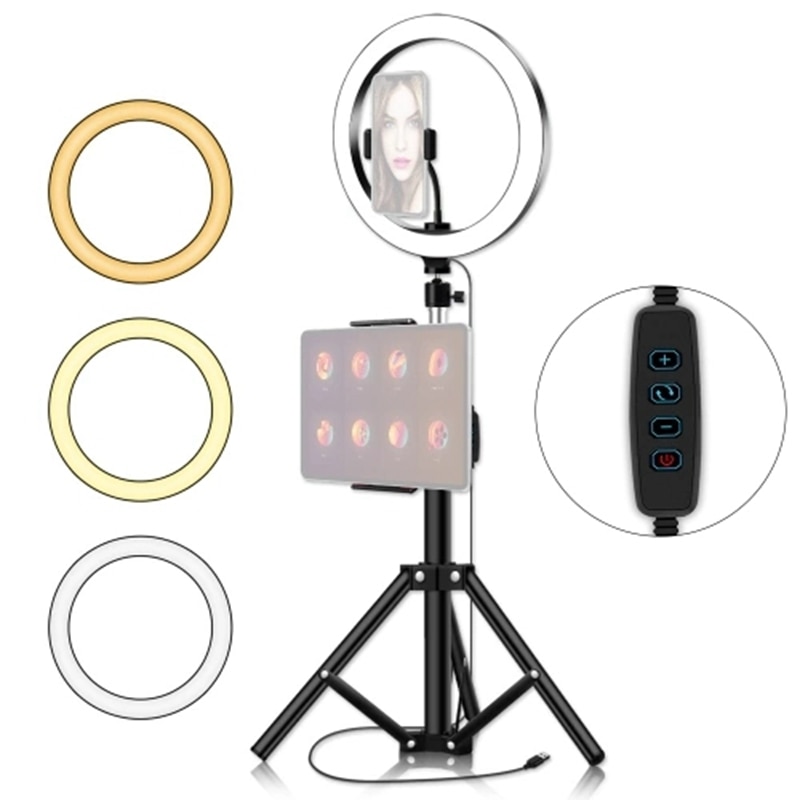 26cm/10 pouces LED lumière annulaire 3 couleurs 10 niveaux réglable 3200-5600K température de couleur avec trépieds téléphone et supports de tablette pour L