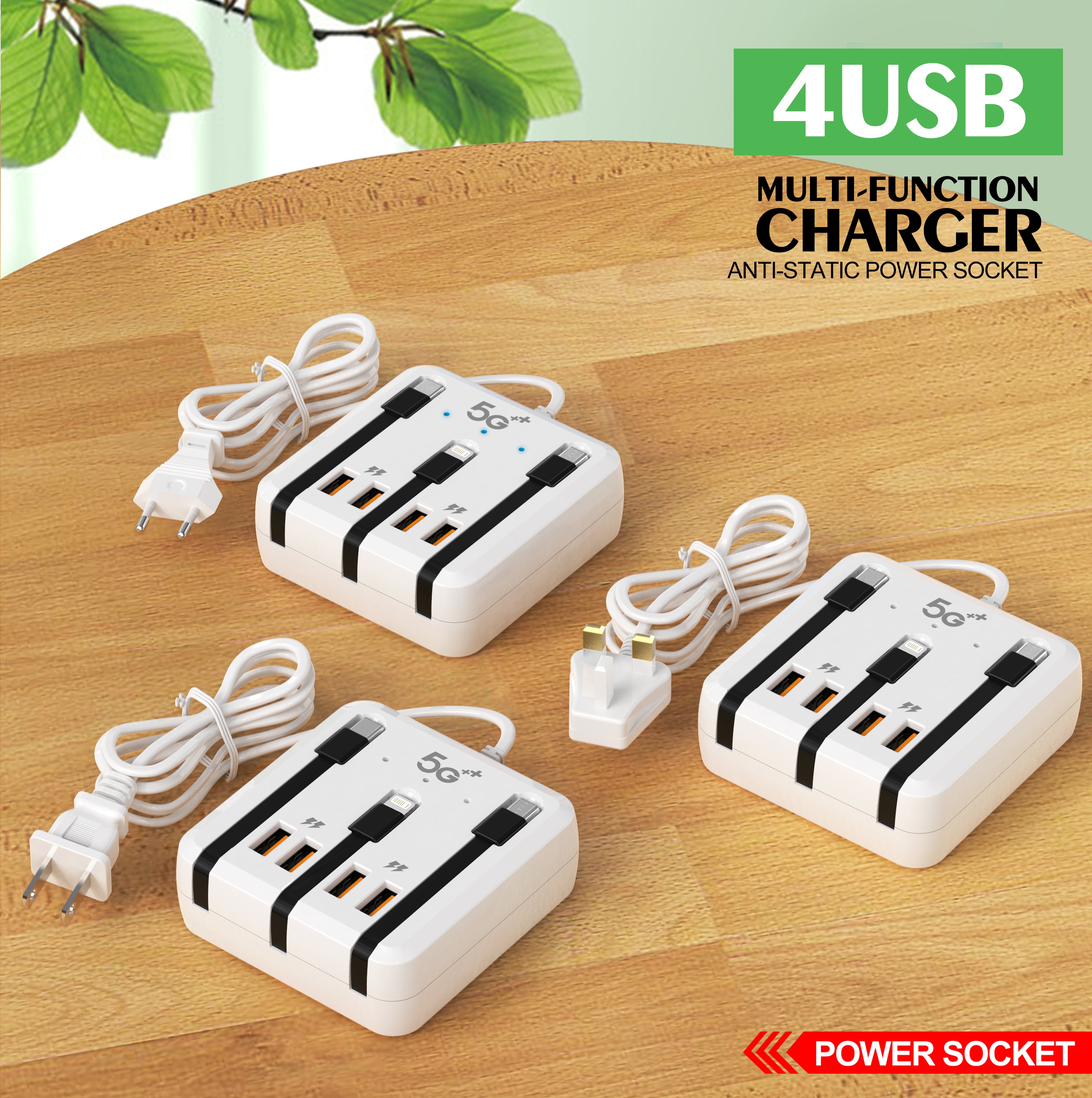 Cargador USB C PD de 4 puertos, estación de carga rápida, tira de alimentación divisora con Cables de carga, adaptador de concentrador USB tipo C, cargadores rápidos