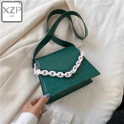 XZP Small Square Bag for Woman Paisley Portable Wild Shoulder Bag Messenger Handbag Crocodile Leather Purse Sac A Main: Green