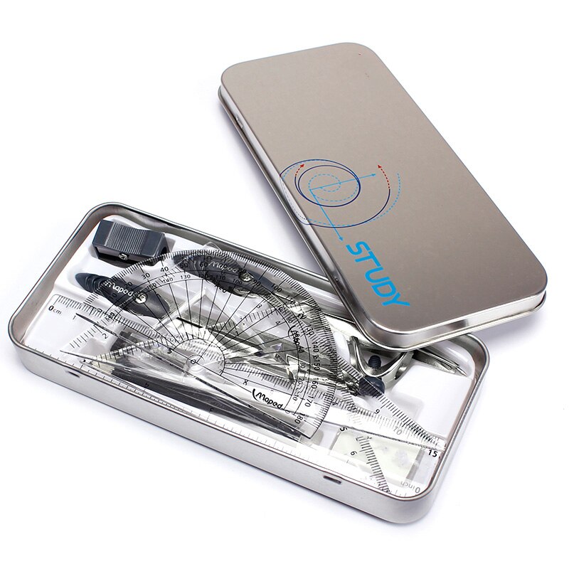 10pcs iron box + metal geometry protractor drawing school rubber compasses set of mathematical rubber ruler for students supplie