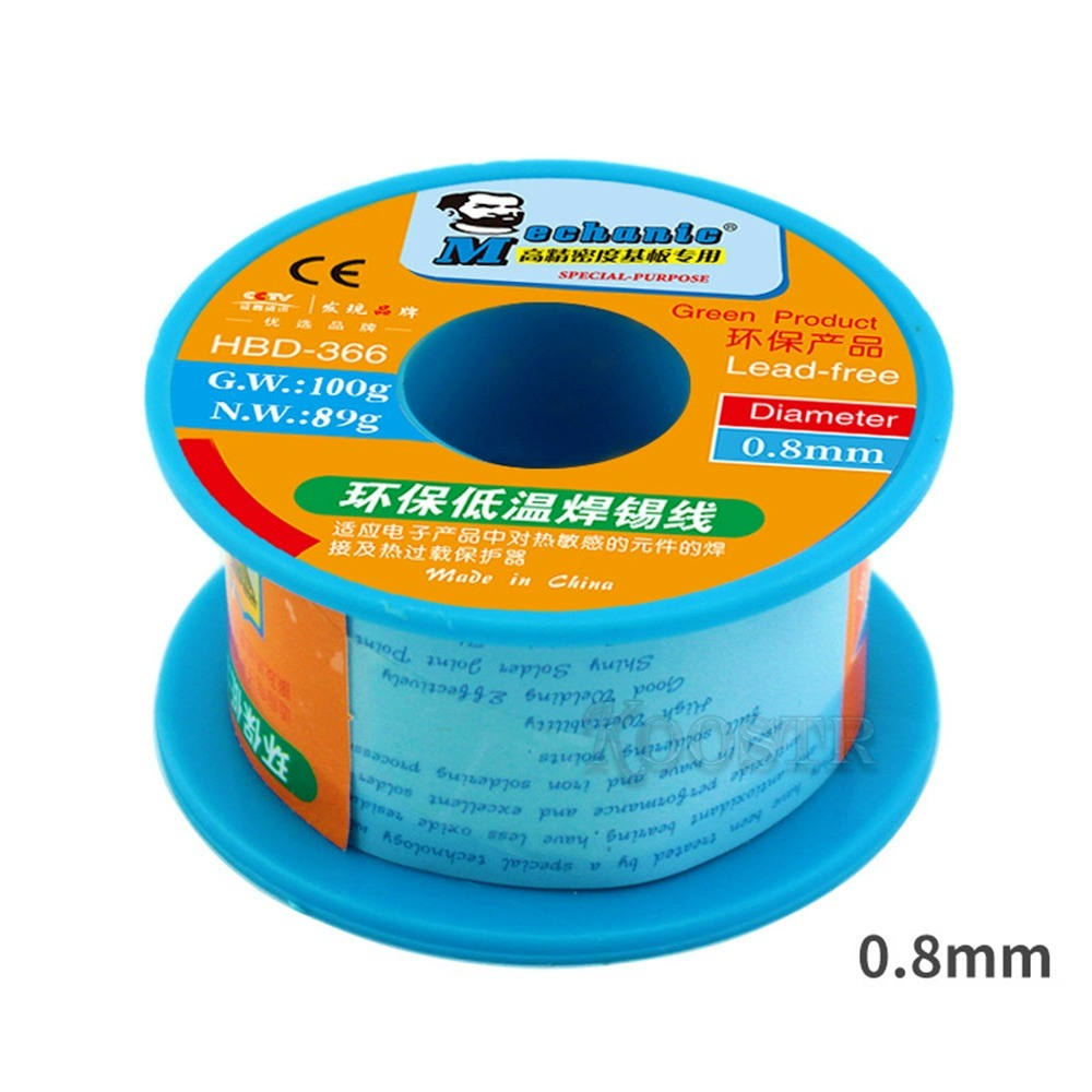 HBD-366 mecánico de alambre de soldadura sin plomo, 100G, 0,3 MM, SN42 %, BI58 %, buena actividad, soldadura de alambre de flujo auxiliar de baja temperatura