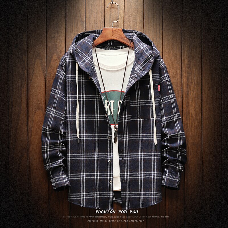 lässig Mit Kapuze Plaid Hemden für männer Lange Ärmeln Neue Frühling Herbst Plus Asiatische Größe M-5XL 100% Baumwolle
