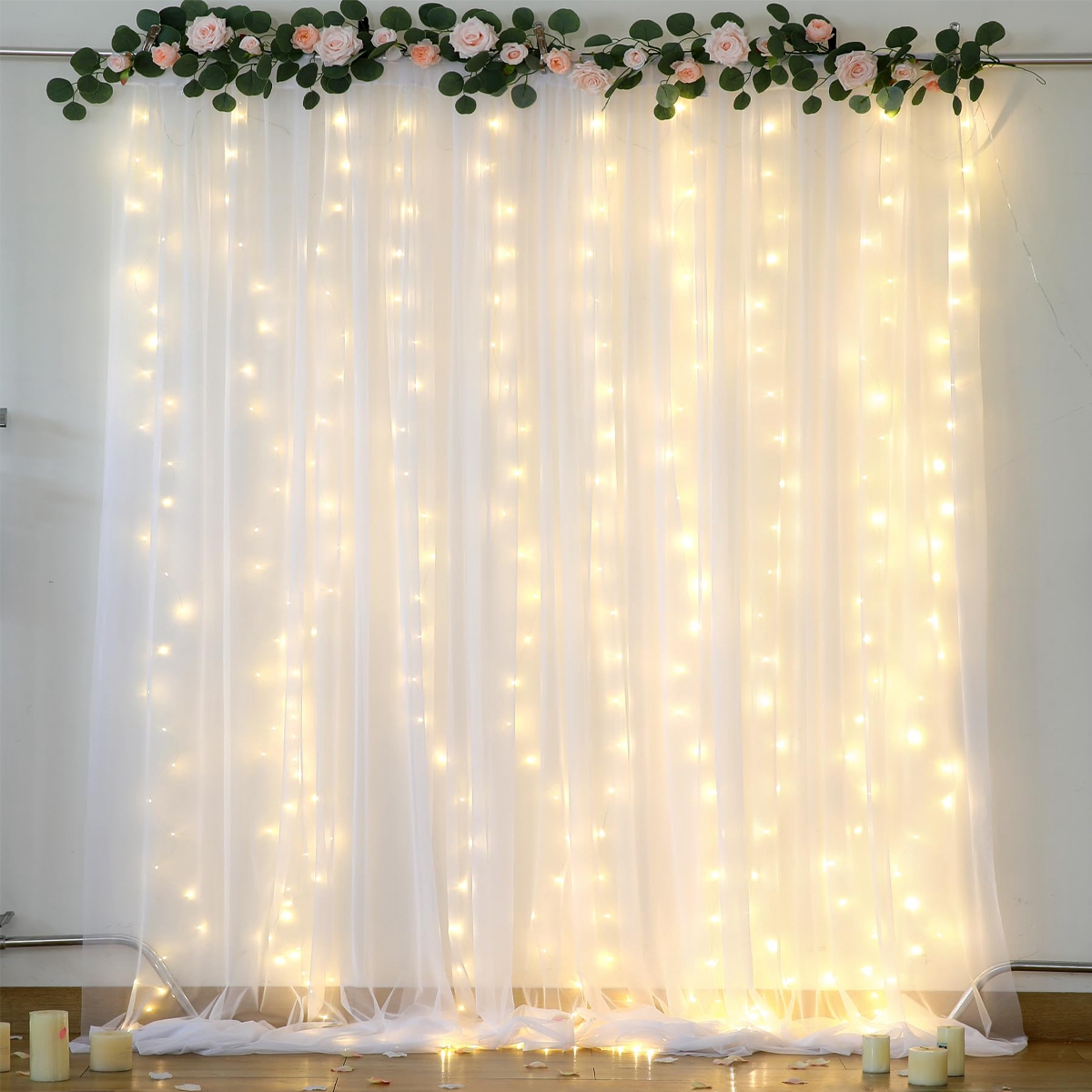 Cortinas de fondo blancas de 3x2,15 M con luces para , arco de boda, fondo fotográfico sin arrugas, decoración para de bienvenida de bebé y cumpleaños