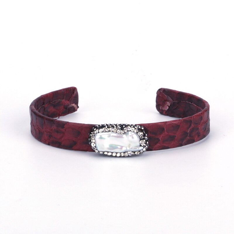 Natuurlijke Zoetwater Grote Parel Pave Rhinestone Charm Sieraden Green Real Lederen Wrap Verstelbare Open Armband Bangle Vrouwen: dark red